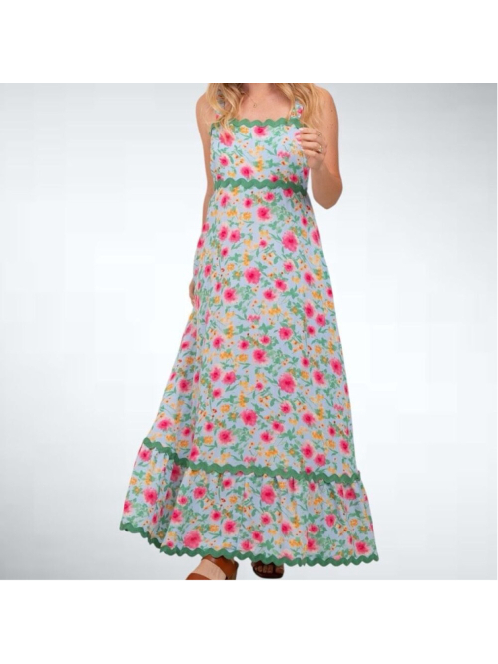 Size S Easel Los Angeles Blue Floral Contrast Wavy Trim Maxi Dress